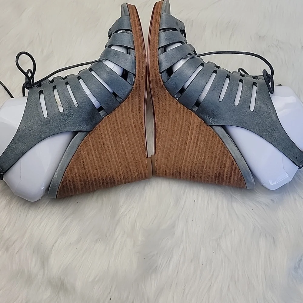 COLE HAAN Gray Blue Lace Up Cut Out Peep Toe Sling Back Wedge Sandal Heels 8 NeW